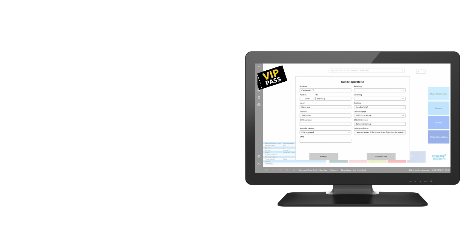 Opret kunde i Pos eller i Uniconta.       
CRM funktioner: Interesser, Produkter.
Kundeprisliste med loyalitet pris/rabat aftale.     
Sende SMS, Nyhedsmail til dine kunder via Uniconta CRM. 
Læs mere om CRM